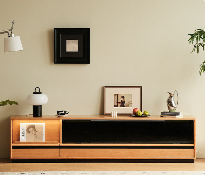 Cherry wood Japanese TV cabinet with lights - BOZI