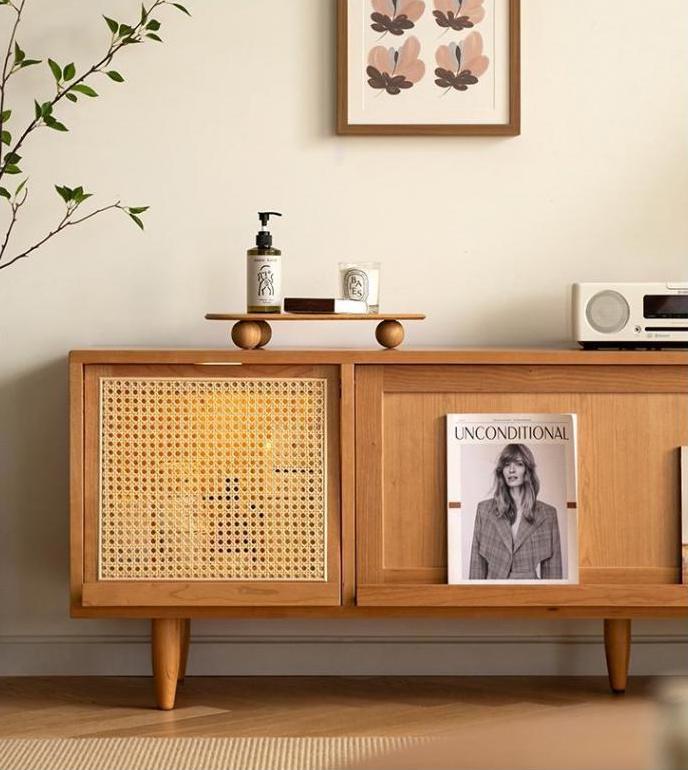 Pine rattan cabinet door TV cabinet - BOZI