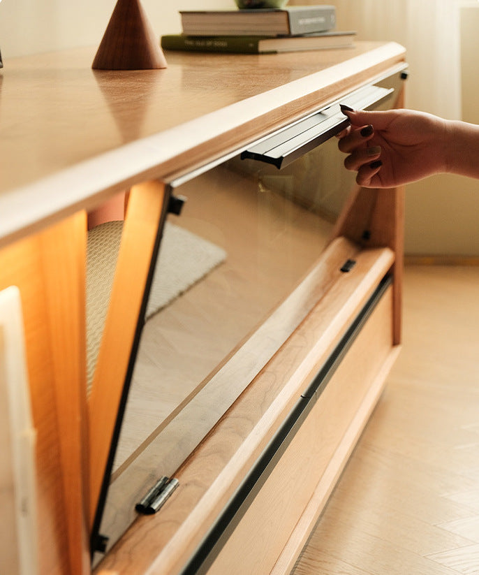 Cherry wood Japanese TV cabinet with lights