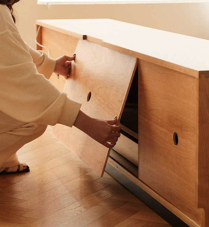 Cherry wood Japanese TV cabinet with lights